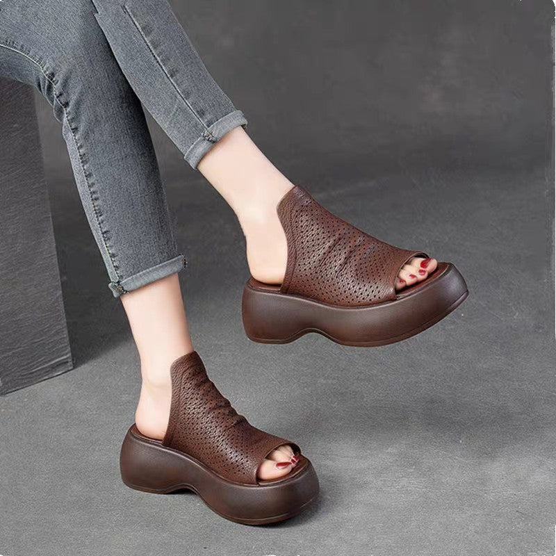 Sandalias De Cuero Hueco Transpirables Para Mujeres