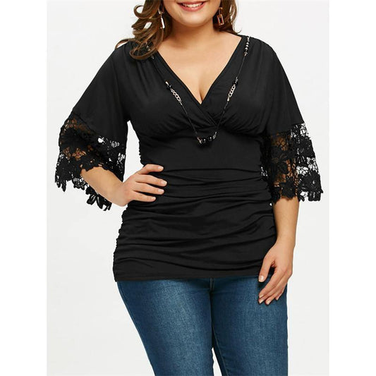 La camiseta para mujeres V cuello de cintura alta plisado costuras de media manga - MXbueno