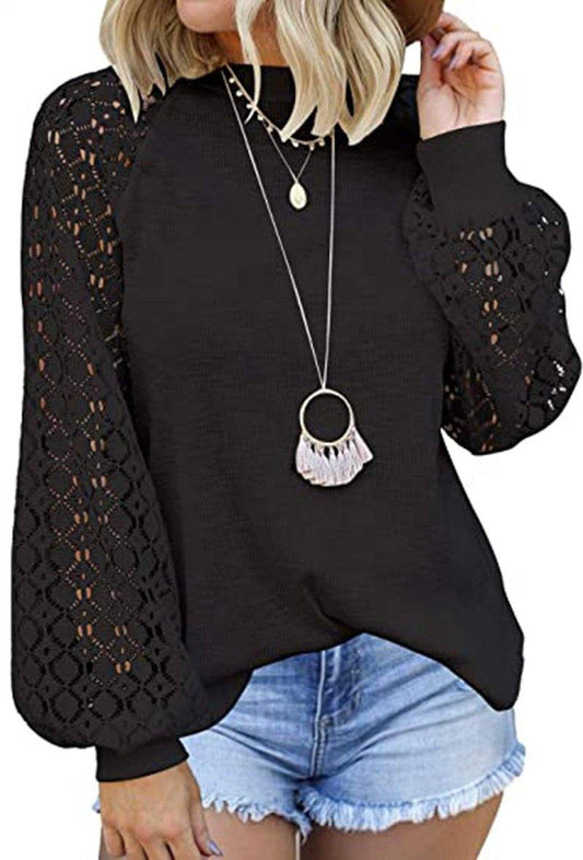 Cuello redondo con encaje de manga larga cosido top suelto - MXbueno