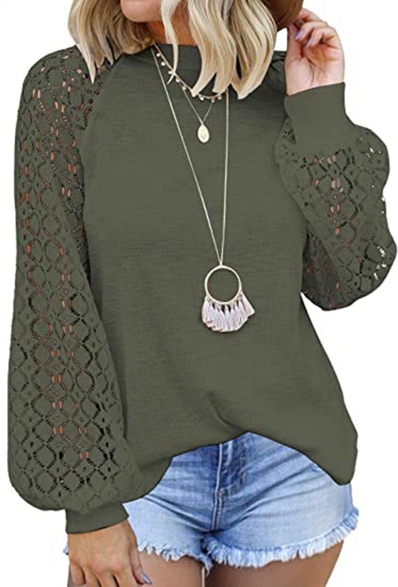 Cuello redondo con encaje de manga larga cosido top suelto - MXbueno