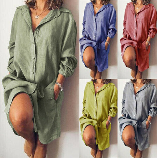 Vestido De Bolsillo De Camisa Larga Suelta Informal