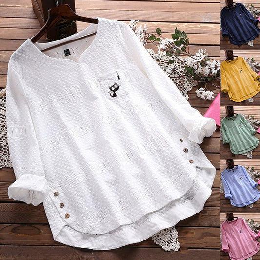 Blusa Casual De Algodón Y Lino Con Cuello Redondo Y Blusa Suelta Para Mujer