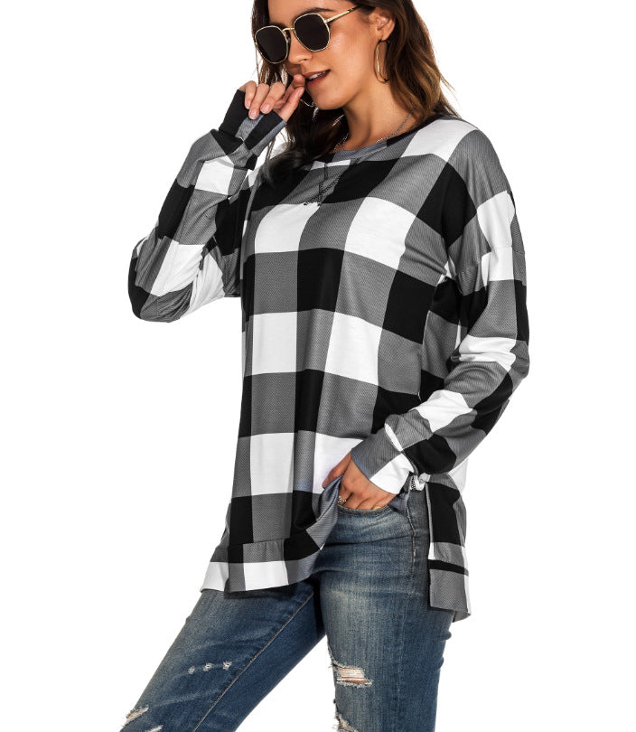 Tops causales de impresión a cuadros de manga larga