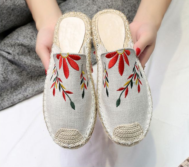 Mujeres moda bordado alpargata plano pantuflas zapatos