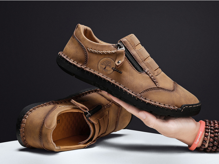 Zapatos casuales de cuero de microfibra con costuras a mano con cremallera lateral - MXbueno