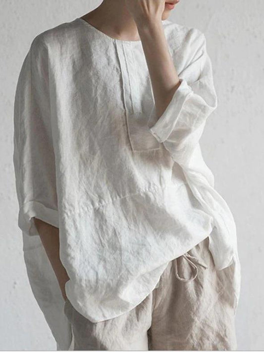 Camiseta Casual De Mezcla de algodón Y Lino Con Cuello Redondo Para Mujer