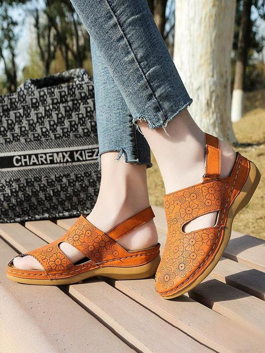 Mujeres Flores Imprimir Decoración Side Peep Toe Costura A Mano Gancho Loop Casual Cuñas Sandalias