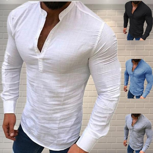 Camisa casual de lino de manga larga en color liso