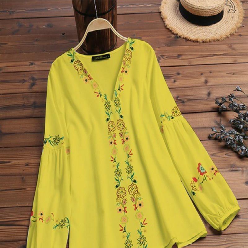 Camisa de estilo nacional con cuello en V, manga larga, top suelto de otoño. - MXbueno