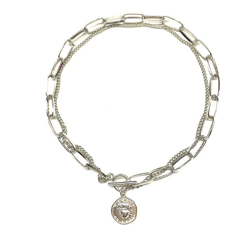Collar Con Colgante De Cabeza De Marca Redonda Irregular De Moda Collar De Cadena Doble Simple Para Mujer