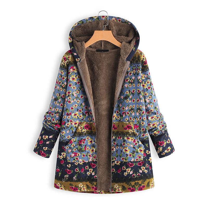 Chaqueta Cálida Informal De Talla Grande Con Estampado De Invierno Con Capucha