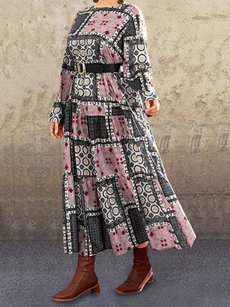 Vestido estampado étnico con cintura de moda de otoño de 2020 cuello redondo falda femenina suelta con gran swing - MXbueno
