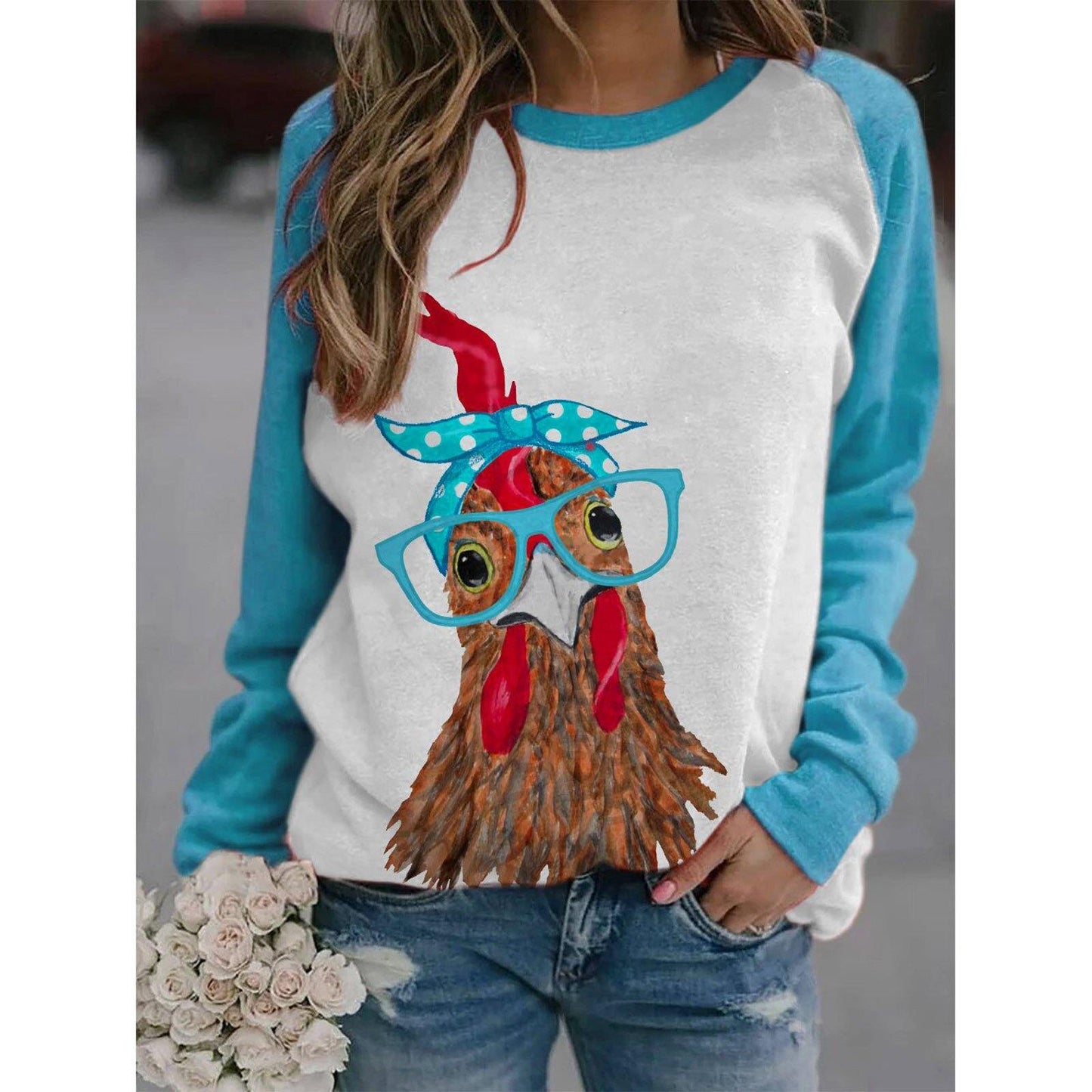 Sudadera Con Estampado De Pollo Y Bandana En Bloques De Color Para Mujer - MXbueno