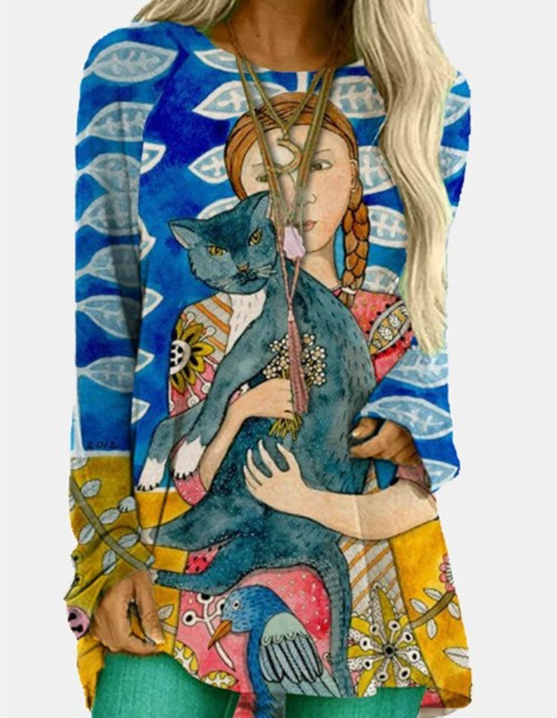 Top De Manga Larga Con Estampado Digital De Gato