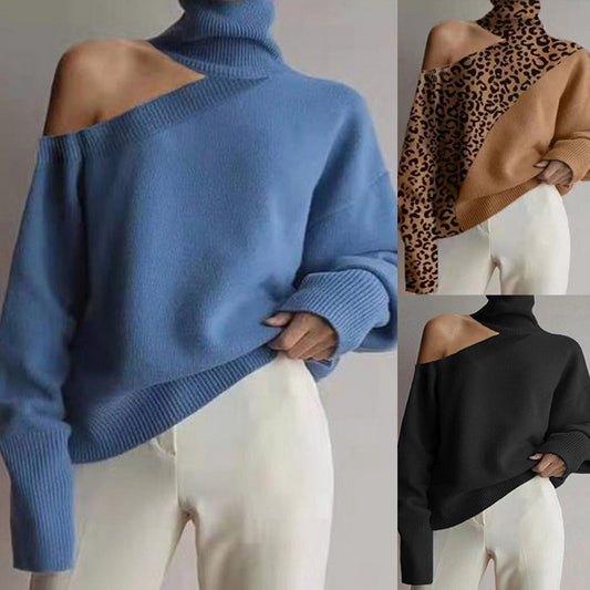 Invierno Cuello Alto Cuello Oblicuo Hombro Sin Tirantes Suéter Sexy Color Sólido Suéter De Punto Mujeres