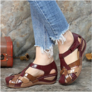 Sandalias de cuña casuales y resistentes al desgaste con correa cruzada de color block para mujer (Rojo/Talla 35)27 - MXbueno