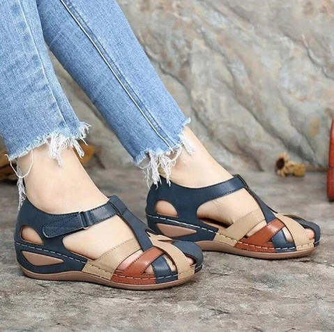 Sandalias de cuña casuales y resistentes al desgaste con correa cruzada de color block para mujer(Azul/Talla39)1 - MXbueno