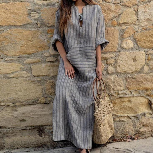 Vestido holgado a rayas de algodón y lino