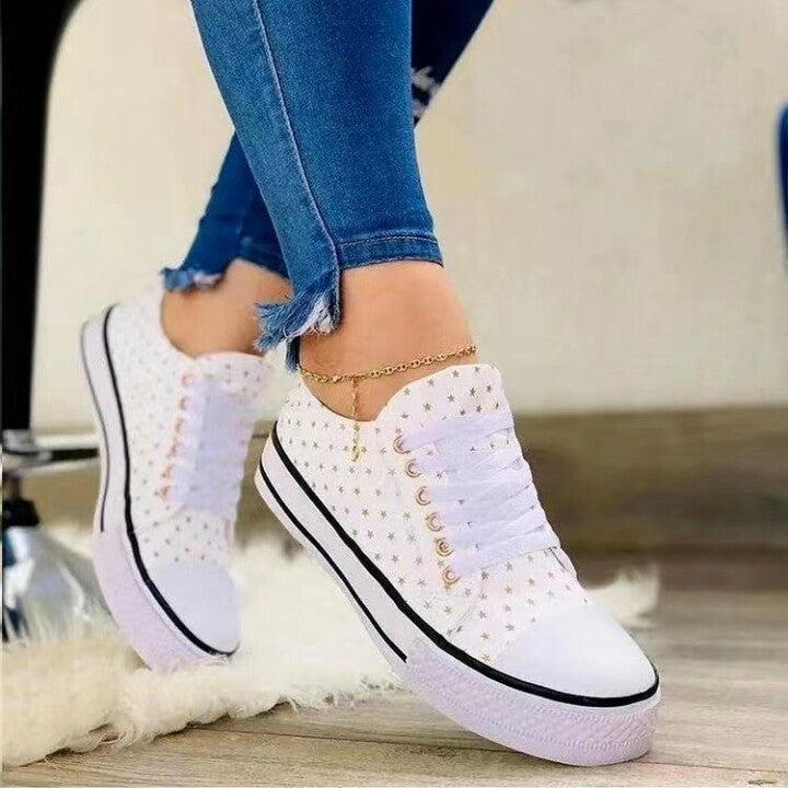 Zapatos De Lona De Skateboard Con Estampado De Estrellas Y Cordones Para Mujer