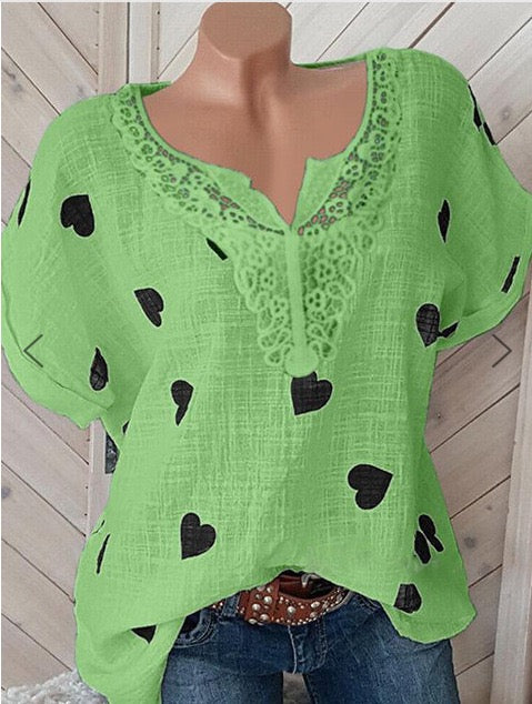 Mujeres Impreso Manga Corta Rhinestone Cuello Tops