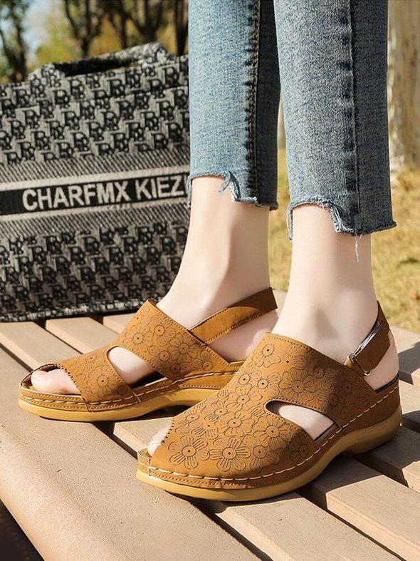 Mujeres Flores Imprimir Decoración Side Peep Toe Costura A Mano Gancho Loop Casual Cuñas Sandalias