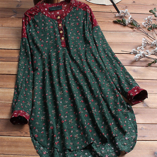 Camisa De Cuello Alto Estampada De Algodón Y Lino De Moda Camisa Suelta De Manga Larga De Gran Tamaño