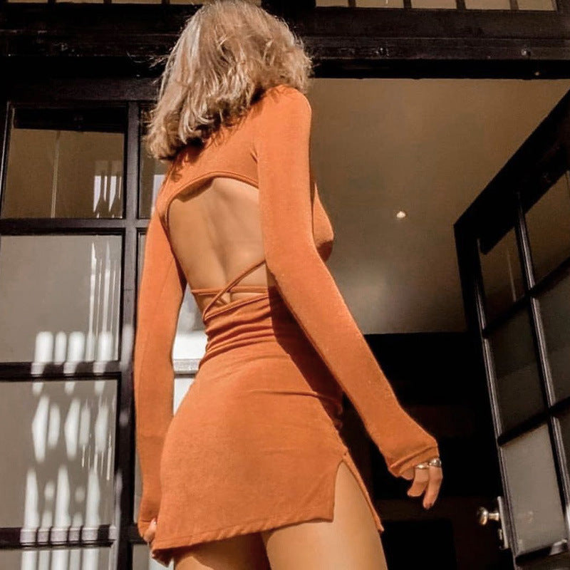 Vestido De Una Pieza Corto Sexy Halter De Manga Larga Con Cordones