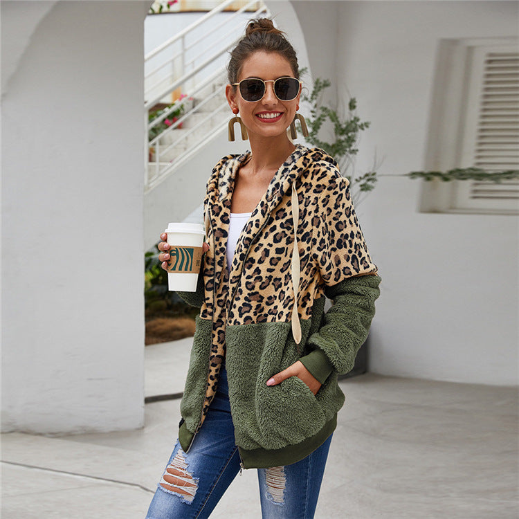 Chaqueta De Moda Con Cremallera Con Capucha Y Estampado De Leopardo