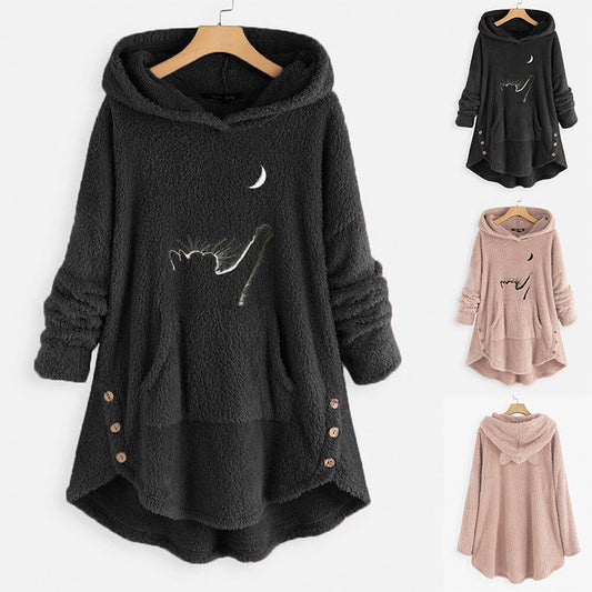 Jersey Con Capucha Bordado Jersey De Lana De Doble Cara Top De Mujer Irregular De Manga Larga