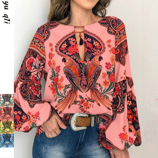 Camisa De Manga De Linterna De Cuello Redondo Para Mujeres Con Personalidad