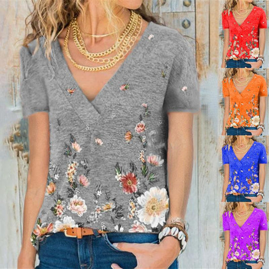 Camiseta de manga corta con cuello en V y estampado de jersey