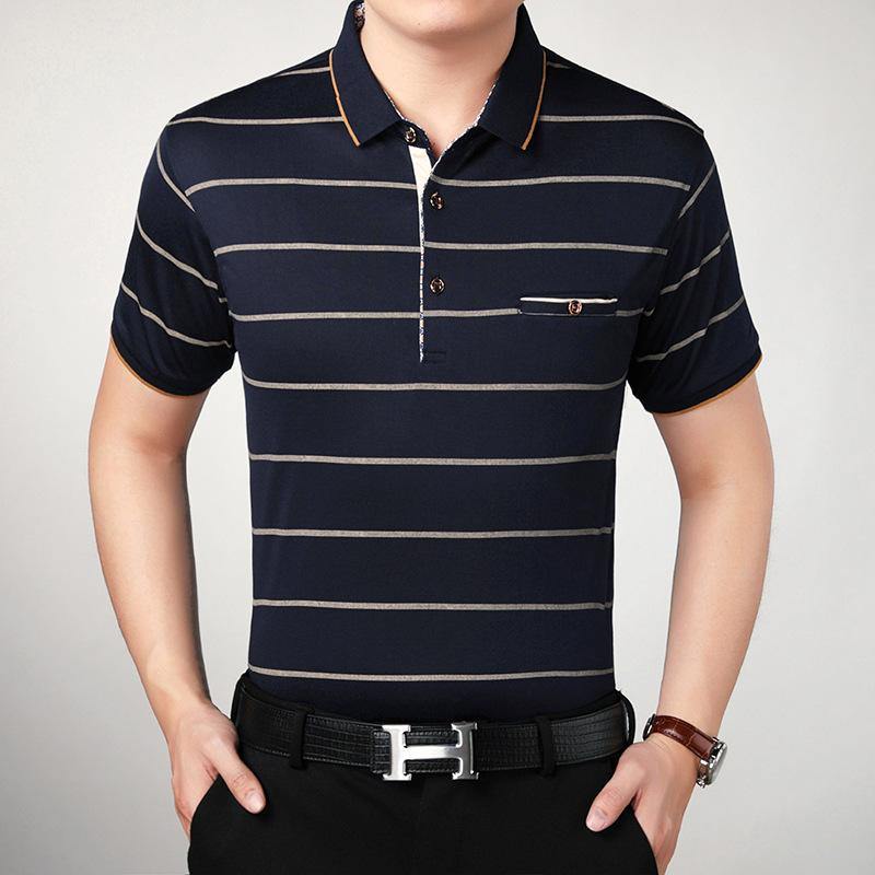 Camiseta de POLO con manga corta para hombre Finas rayas de algodón - MXbueno