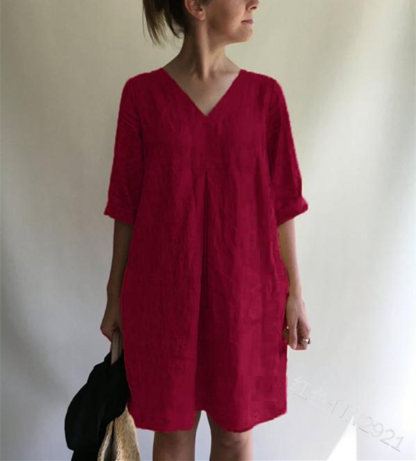 ¡VENTA! Vestido suelto de algodón y lino en color liso con cuello en V