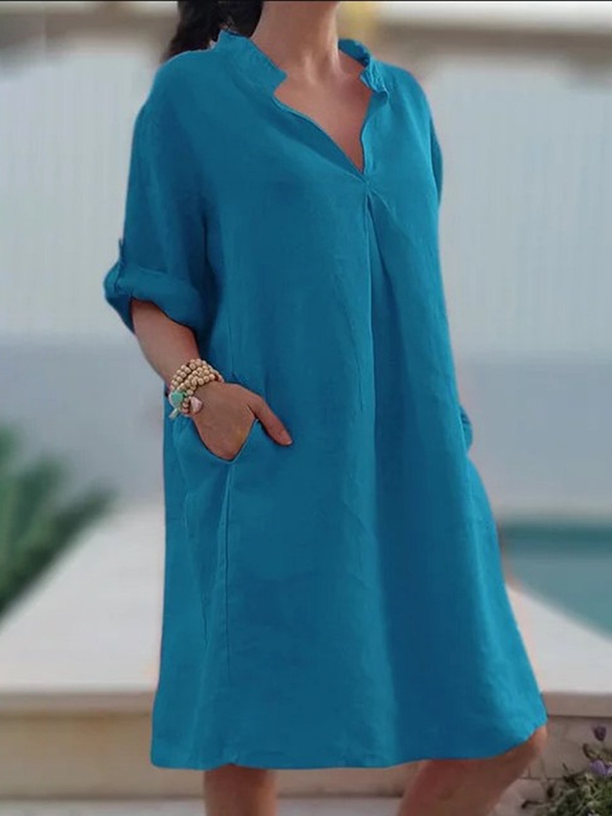 Vestidos de lino sólido con cuello en V de manga 3/4 para mujer