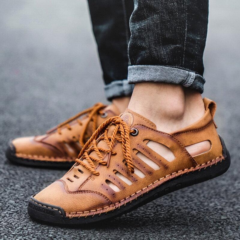 Hombres Punta cerrada Agujero de costura a mano Cuero Vestido Sandalias