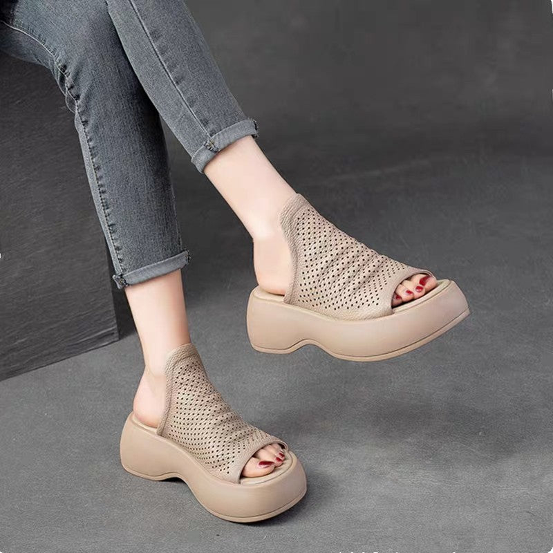Sandalias De Cuero Hueco Transpirables Para Mujeres