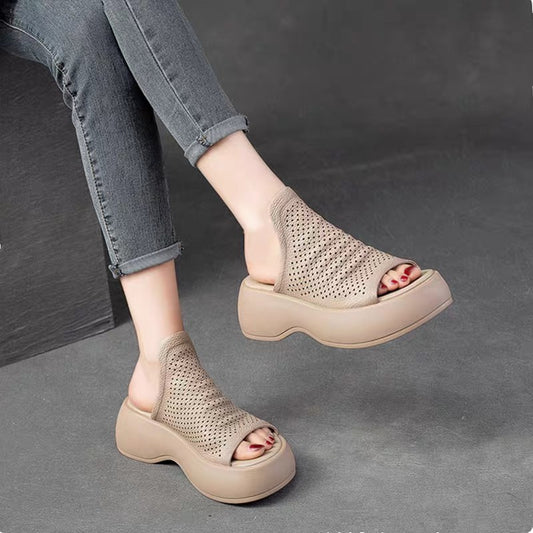 Sandalias De Cuero Hueco Transpirables Para Mujeres