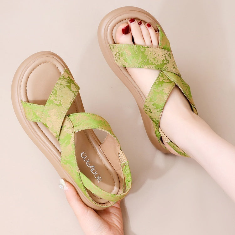 Verano Nueva Moda Mujer Retro Tacón Medio Suela Suave Sandalias Romanas Antideslizantes Zapatos de Playa