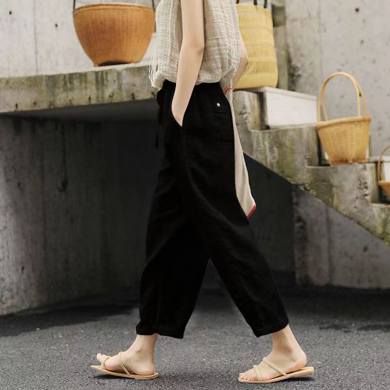 Pantalones De Ocio Retro De Mujer De Cintura Elástica De Algodón Y Cáñamo