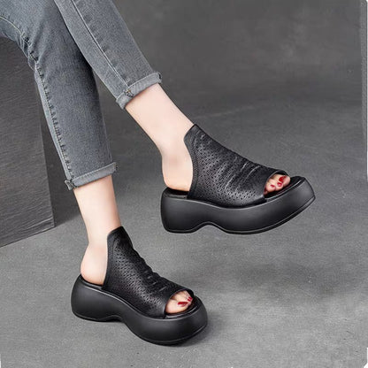Sandalias De Cuero Hueco Transpirables Para Mujeres