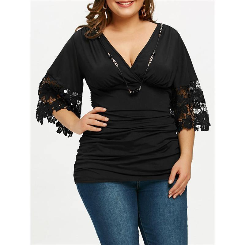 La camiseta para mujeres  V cuello de cintura alta plisado costuras de media manga - MXbueno