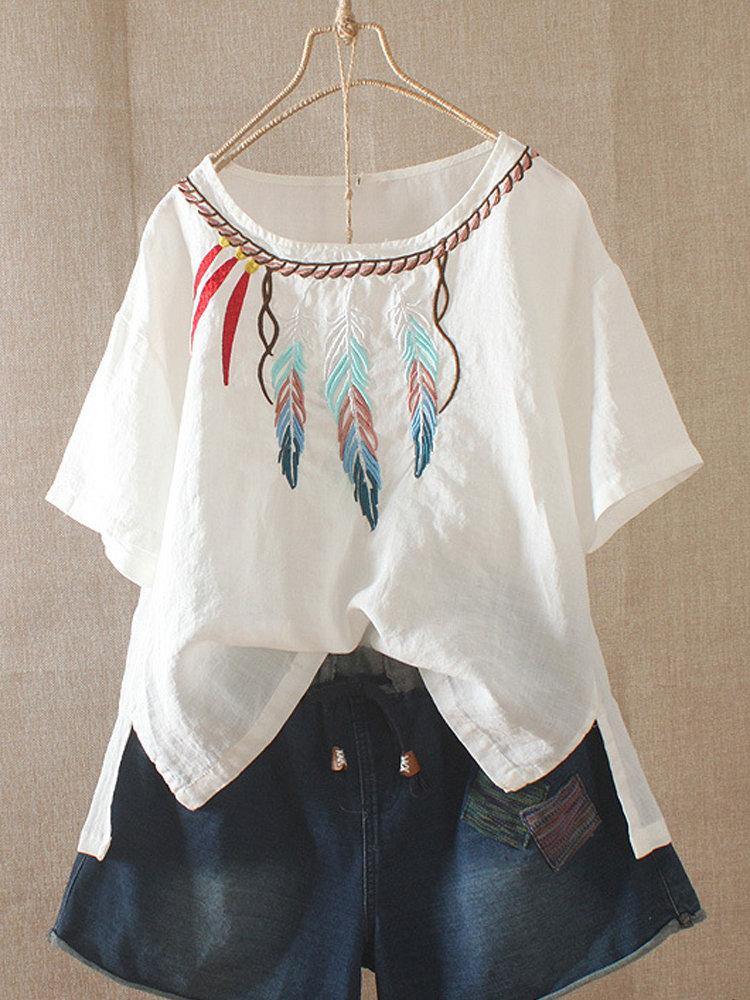 Camiseta mexicana de manga corta y lino con dibujo de pluma - MXbueno