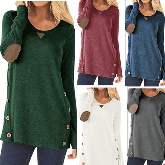 Cuello redondo de manga larga parche de botón decorado camiseta chica - MXbueno