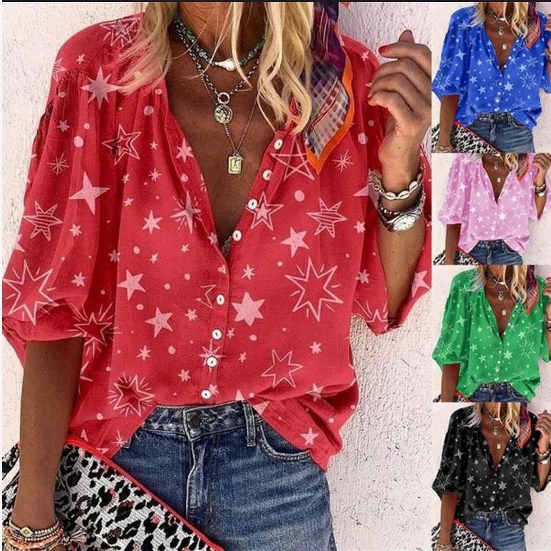 Impreso abotonado camisa de cuello para mujer - MXbueno