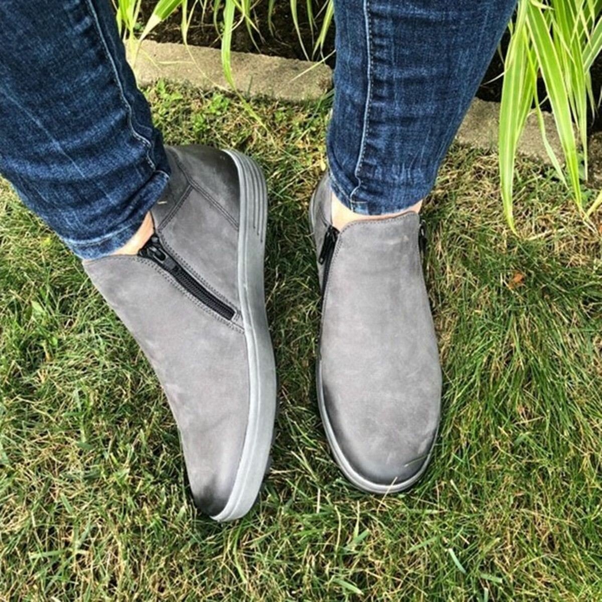 Zapatos De Mujer Retro De Cabeza Redonda Con Fondo Plano Y Doble Cremallera