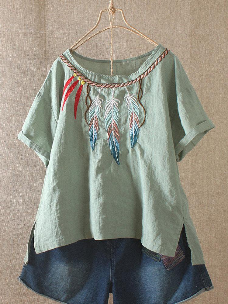 Camiseta mexicana de manga corta y lino con dibujo de pluma - MXbueno