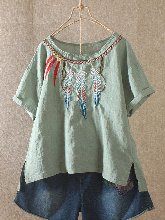 Camiseta mexicana de manga corta y lino con dibujo de pluma - MXbueno