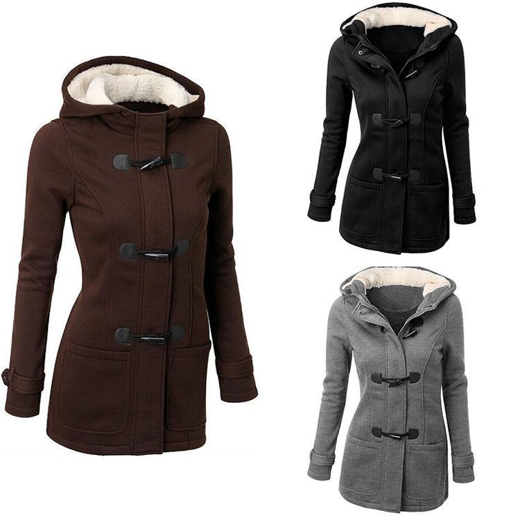 ¡GRAN OFERTA DE SÓLO ESTA SEMANA!Chaqueta de manga larga con capucha de bolsillo con hebilla de cuerno para mujer - MXbueno