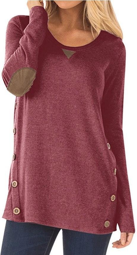 Cuello redondo de manga larga parche de botón decorado camiseta chica - MXbueno