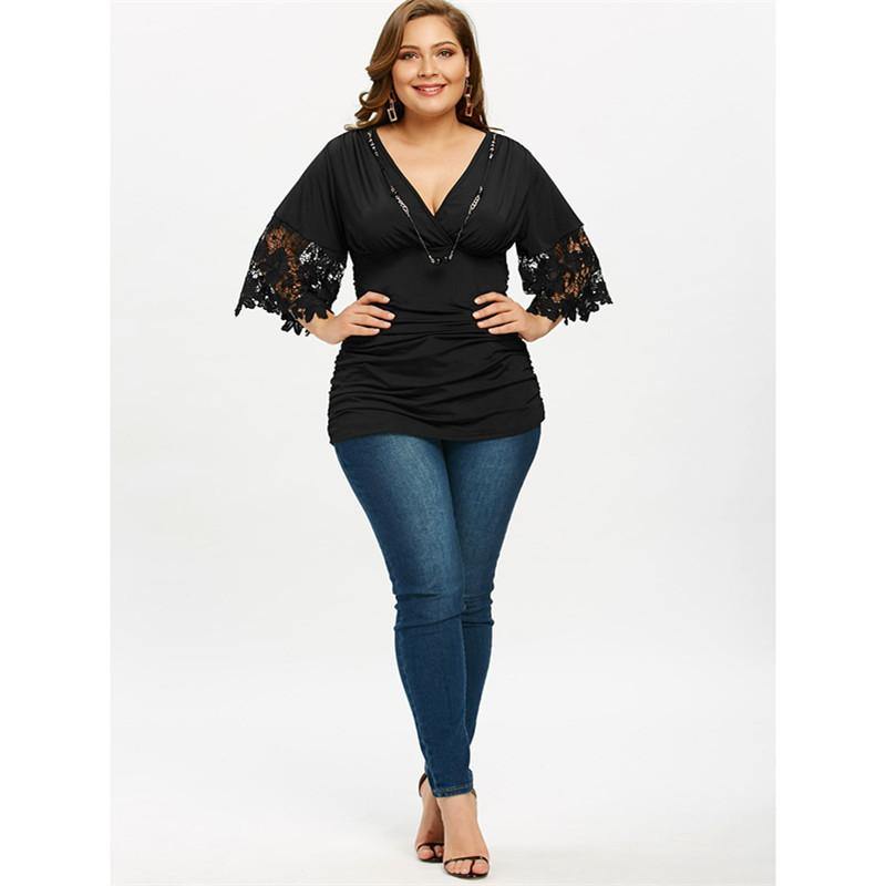 La camiseta para mujeres  V cuello de cintura alta plisado costuras de media manga - MXbueno